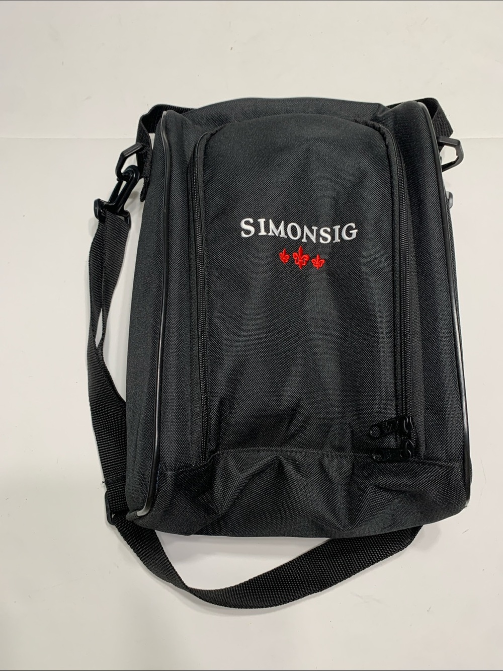 Simons Black Messenger Bag with Red Embroidered Detail